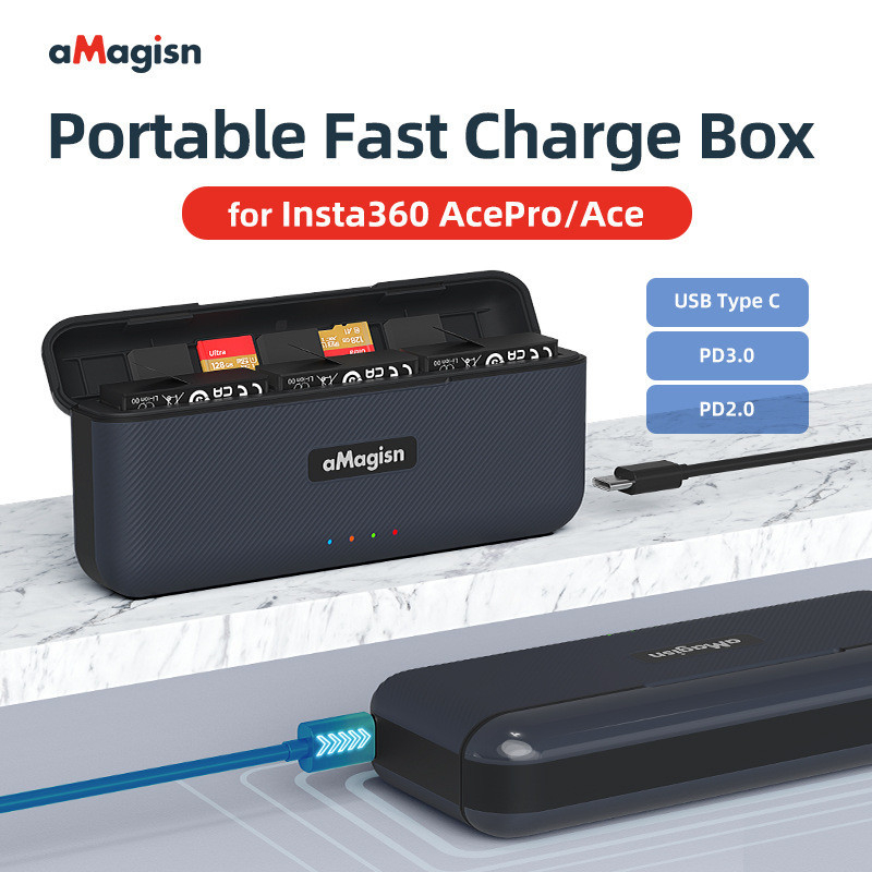 AMagisn สำหรับ Insta360 Ace Pro Charge Case Fast กล่องชาร์จชุดแบตเตอรี่สำหรับ Insta360 Ace & Ace Pro อุปกรณ์เสริม