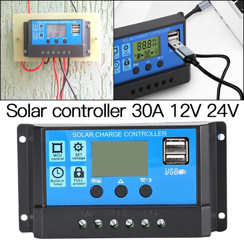 Solar charger โซล่าชาร์เจอร์ PWM 30A 12V 24V เครื่องชาร์จแบตเตอรี่พลังงานแสงอาทิตย์ จอแสดงผล LCD Solar Panel Regulator
