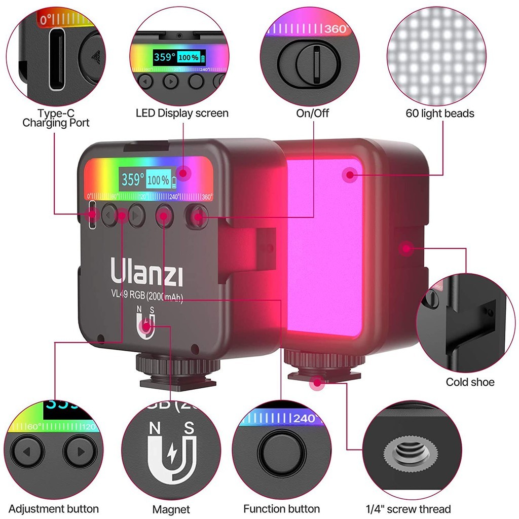 Ulanzi VL49 RGB MINI Light Rechargable  (RGB 360 สี) ไฟ LED ขนาดพกพา ไฟติดหัวกล้อง ไฟถ่ายรูป มาพร้อมแบตเตอรี่ในตัว