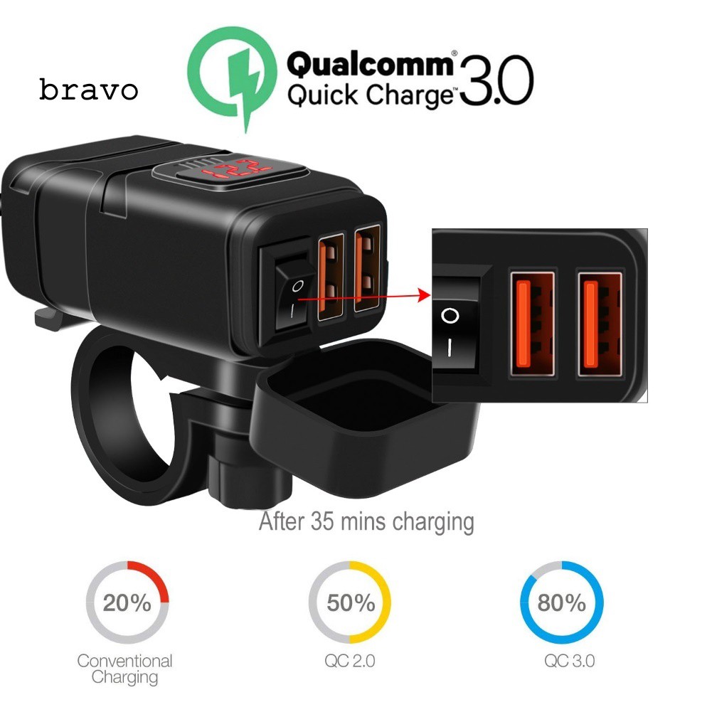 (bv) qc 3 . 0 fast charging dual usb อะแดปเตอร์ชาร์จแบตพร้อมโวลต์มิเตอร์สําหรับติดรถมอเตอร์ไซค์