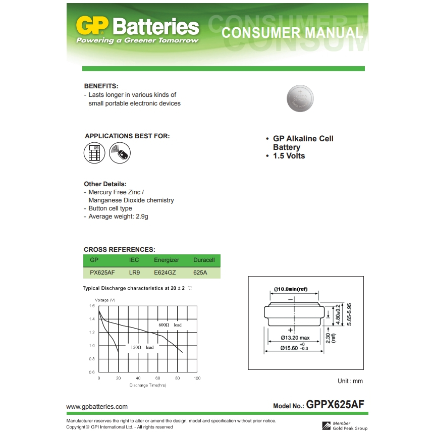 ถ่าน GP PX625A 1.5V Battery LR9 V625U Alkaline cell PX625 Litium แบตเตอรี่ 1.5Volts