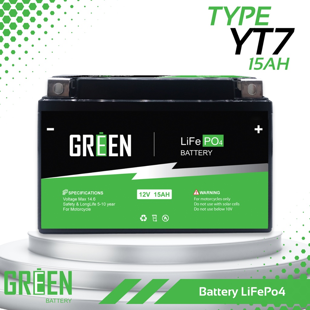 YT7 (12V 15Ah) แบตเตอรี่มอเตอร์ไซค์ LiFePo4 แบตเตอรี่ลิเธียมฟอสเฟต Green battery