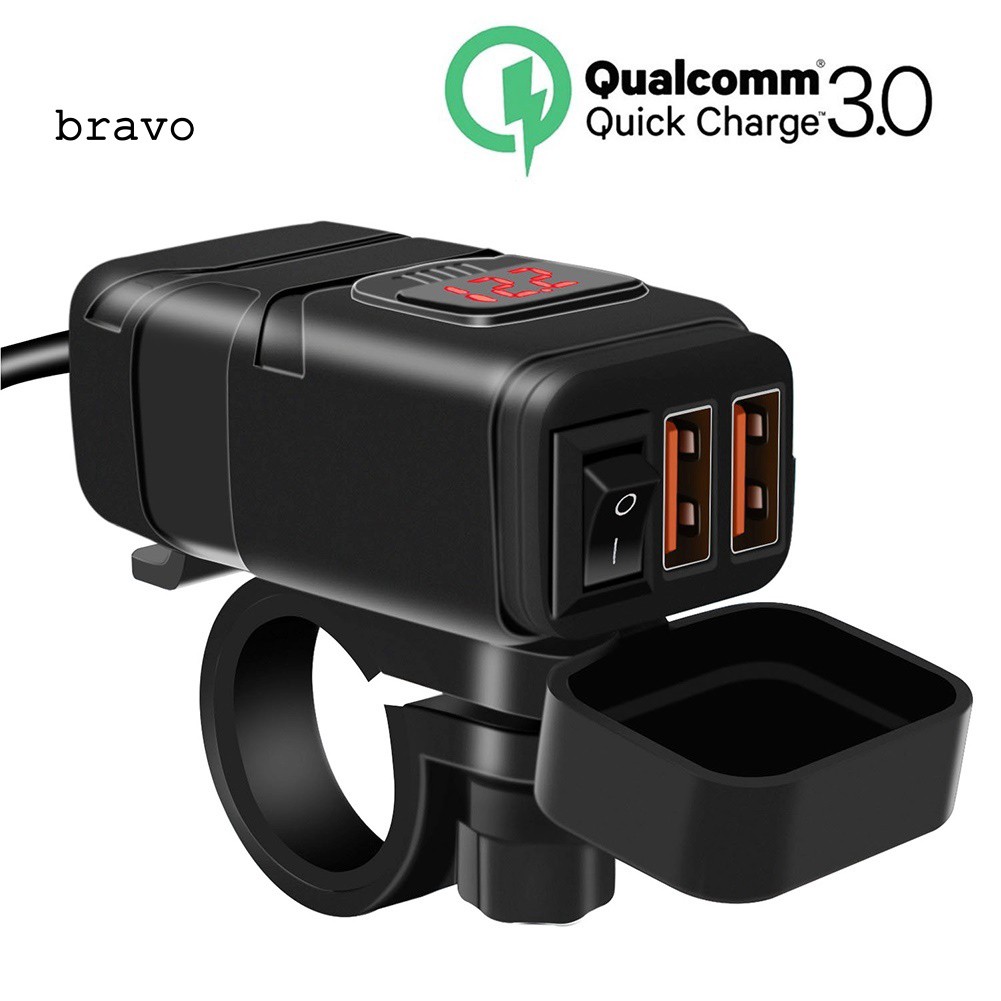 (bv) qc 3 . 0 fast charging dual usb อะแดปเตอร์ชาร์จแบตพร้อมโวลต์มิเตอร์สําหรับติดรถมอเตอร์ไซค์